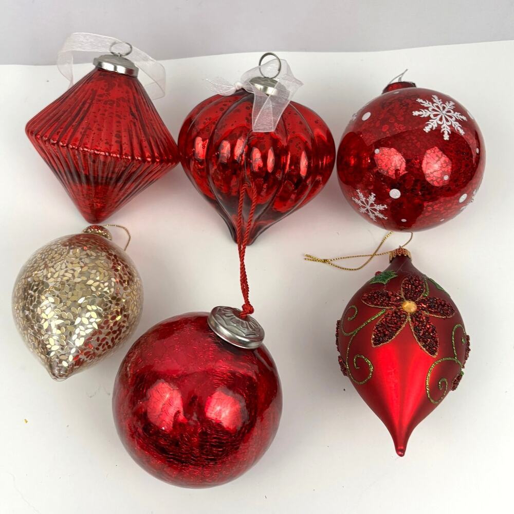 VTG Lot of 6 Glitter Glass Ornaments Round‎ Sphere Red Gold Heavy Tree Decor